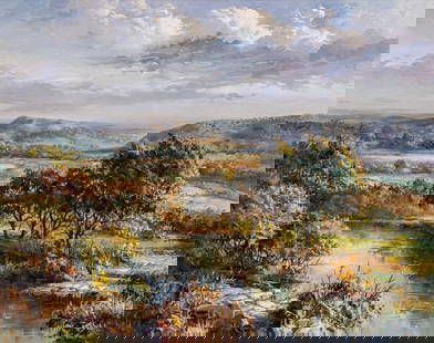 Jose Vives-Atsara, "Hill Country -- Texas", 1995: Jose Vives-Atsara (Spain / San Antonio, Texas, 1919-2004), "Hill Country -- Texas", 1995, oil on canvas sight: 24 in. x 30 in., frame: 33 in. x 39 in. Provenance: A San Antonio, Texas