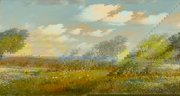 G. Harvey, Landscape with Austin Skyline, 1966: G. (Gerald Harvey Jones) Harvey (Texas, 1933-2017), landscape with cactus and coreopsis wild flowers with view of Austin skyline, oil on canvas sight: 12 in. x 20 in., frame: 14.5 in. x 23.5 in. 