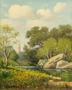 G. Harvey, Creek Landscape and UT Tower: G. (Gerald Harvey Jones) Harvey (Texas, 1933-2017), Texas creek landscape with view of the Austin skyline and University of Texas tower, oil on canvas panel sight: 10 in. x 8 in.frame: 16.5 in. x