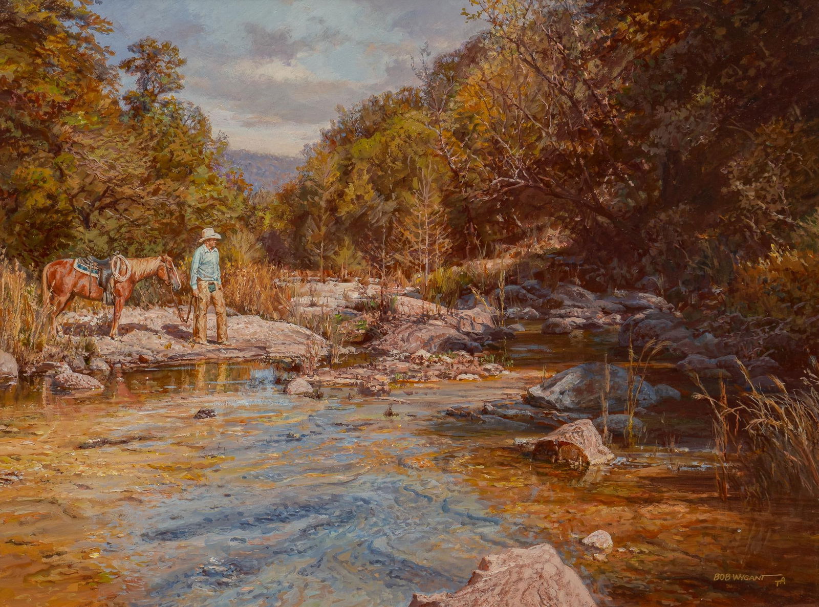 Bob Wygant, Cowboy Watering Horse: Bob Wygant (Houston, Texas, 1927-2008), cowboy watering horse at a creek, acrylic on masonite sight 18 in. x 24 in., frame: 26.5 in. x 32 in. Provenance: A Fredericksburg, Texas collection Bob Wyga