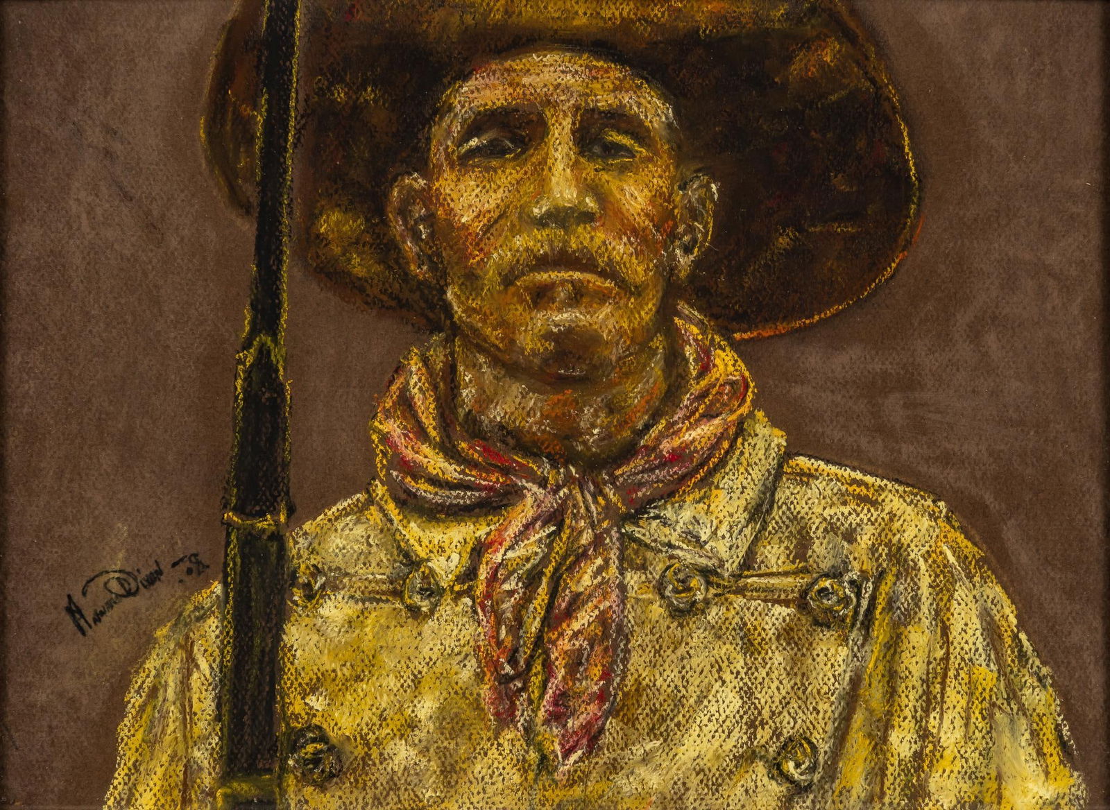 Maynard Dixon, "Ranger Portrait", 1908: Maynard Dixon (California / Arizona, 1875-1946), "Ranger Portrait", 1908, pastel on artist board sight: 12 in. x 16 in., frame: 15 in. x 19 in. Provenance: A Houston, Texas collection Maynard Dixo