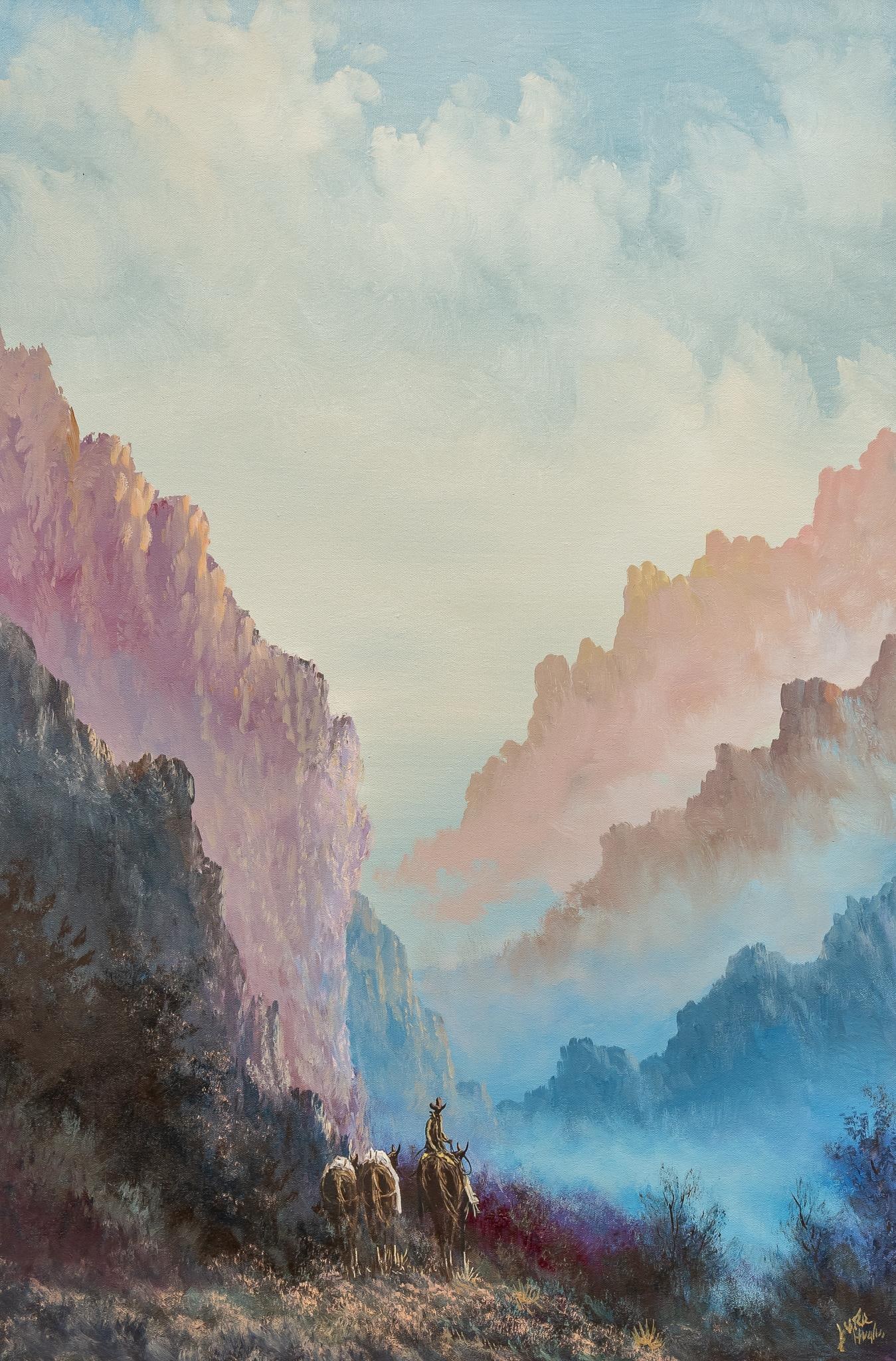 Lester Hughes, Lone Cowboy in Mist: Lester Hughes (Texas, 1938-2021), lone cowboy riding in misty gorge with two pack horses beside him, oil on canvas sight: 36 x 24 in., frame: 35.5 x 23.5 in. Provenance: A Plano, Texas collection F