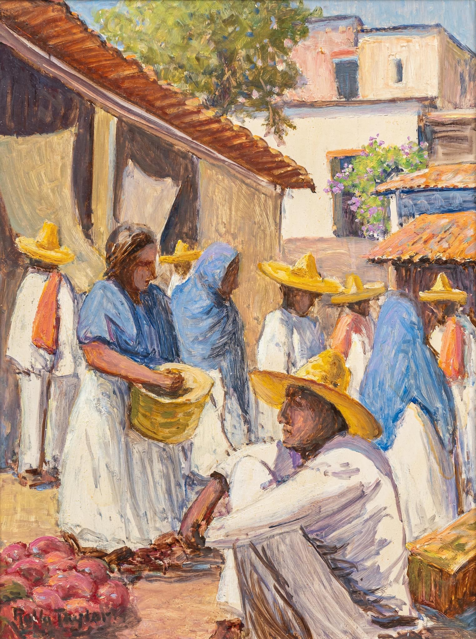 Rolla Sims Taylor, Mexican Market Scene: Rolla Sims Taylor (Texas, 1872-1970), Mexican market scene, oil on panel sight: 16 x 12 in., frame: 19.5 x 15.5 in. Provenance: A San Antonio, Texas collection Texas-born Rolla Sims Taylor studied