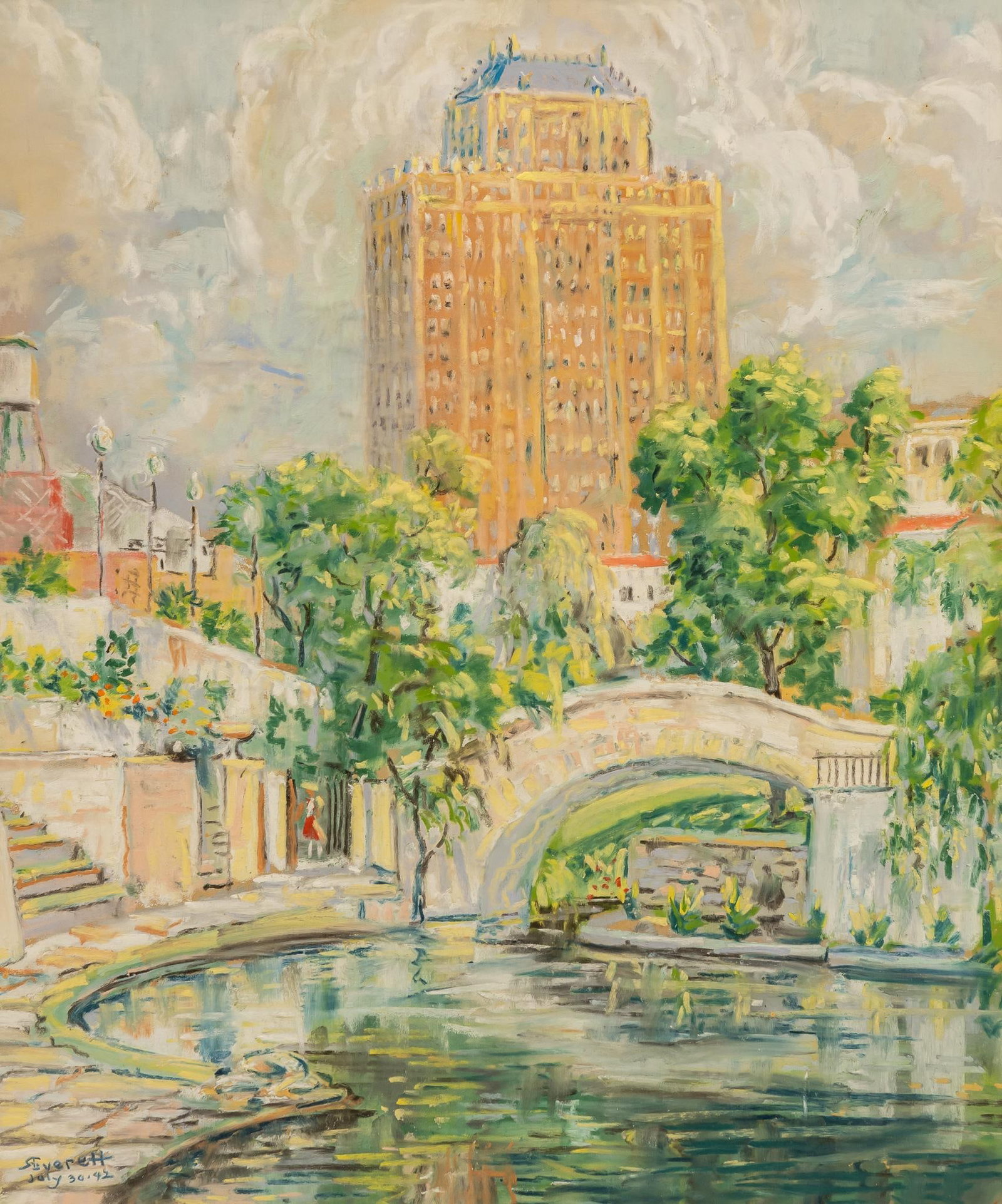 Raymond Everett, Riverwalk at the Arneson, 1942: Raymond Everett (Texas / New Jersey, 1885-1948), view of the San Antonio Riverwalk at the Arneson River Theatre with Alamo National Bank Building in the distance, acrylic on paper sight: 14 x 12 in., 