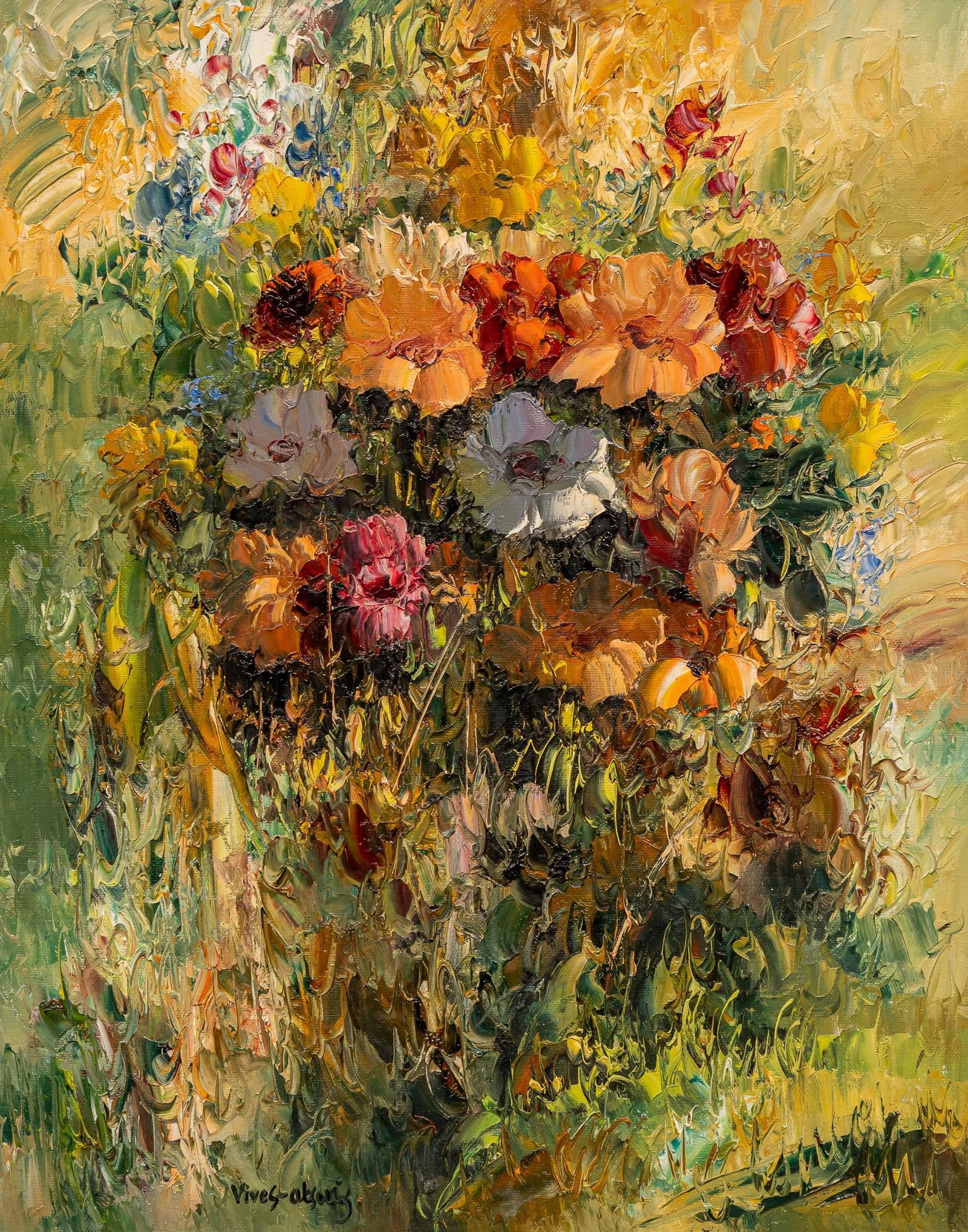 Jose Vives-Atsara, "Flowers", 1985: Jose Vives-Atsara (Spain / San Antonio, Texas, 1919-2004), "Flowers", 1985, oil on canvas sight: 20 x 16 in., frame: 28 x 24 in. Provenance: A San Antonio, Texas collection One of the most