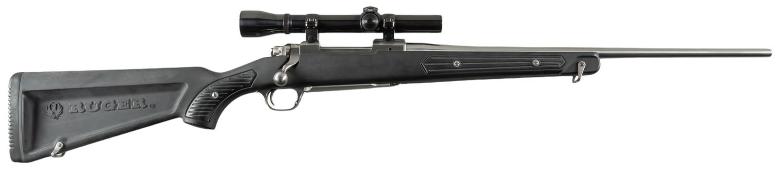 Ruger M77 Mark II All Weather 7.62x39 Bolt Action Rifle: Serial: 786-62786 Manufacturer: Sturm, Ruger & Co. (c. 1999) Model: M77 Mark II All Weather Caliber: 7.62x39 Barrel length: 20 in. OAL: 40 in. Condition: Very Good; synthetic stock has light handl