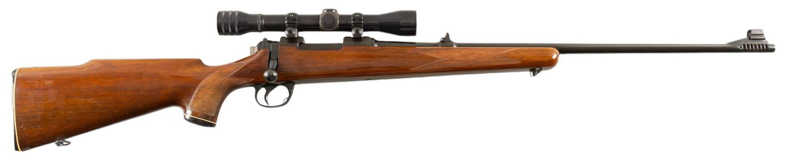 BSA Model CF-2 222 Rem Bolt Action Rifle: Serial: 2D3152 Manufacturer: BSA-England Model: CF-2 Caliber: 222 Rem Barrel length: 24 in. OAL: 43 in. Condition: Good; wood stock has light handling marks; barrel & receiver have mostly very lig