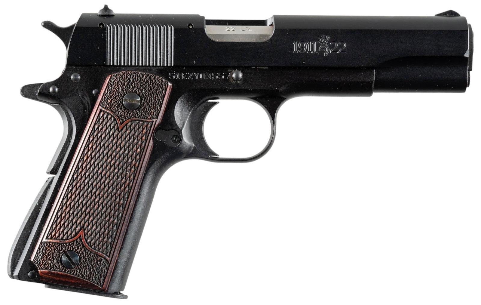 Browning 1911-22 LR Semi Auto Pistol: Serial: 51EZY03557 Manufacturer: Browning Arms Co. Model: 1911-22 Caliber: 22 LR Barrel length: 4.25 in. OAL: 7.5 in. Condition: Very Good; very light wear & handling marks throughout; grips have 