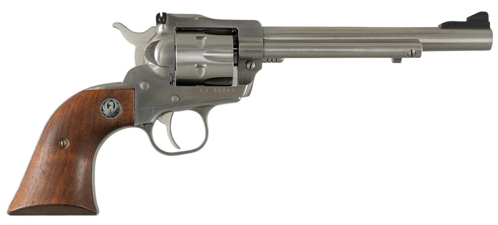 Ruger New Model Single-Six 22 LR/Mag Revolver: Serial: 63-48177 Manufacturer: Sturm, Ruger & Co. (c. 1975) Model: New Model Single-Six Caliber: 22 LR / 22 Mag Barrel length: 6.5 in. OAL: 12 in. Condition: Good; wood grips have light handling m