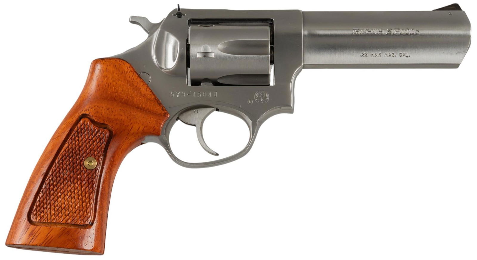 Ruger SP101 32 H&R Revolver: Serial: 573-15848 Manufacturer: Sturm, Ruger & Co. (c. 2005) Model: SP101 Caliber: 32 H&R Mag Barrel length: 4 in. OAL: 8.5 in. Condition: Good; grips have very light wear & handling marks