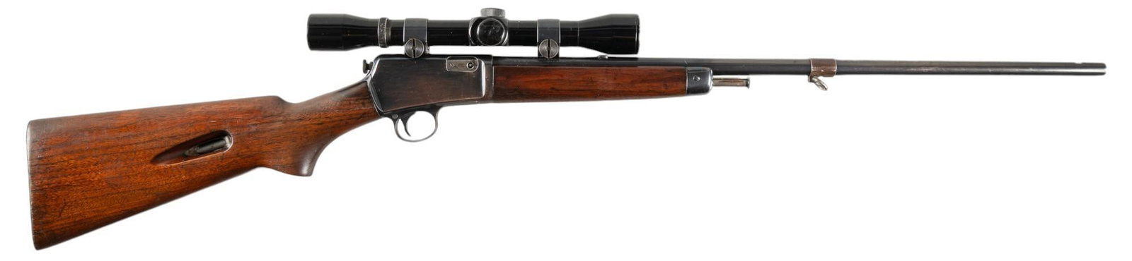 Early Winchester Model 63 22 LR Semi Auto Rifle: Serial: 23862A Manufacturer: Winchester Repeating Arms Co. (c. 1937) Model: 63 Caliber: 22 LR Barrel length: 23 in. OAL: 39.25 in. Condition: Good; wood stock & forend have moderate wear & pat