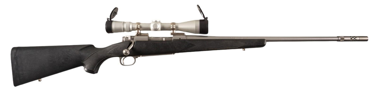 Winchester Model 70 Classic Stainless Boss 30-06 Rifle W/ Leupold Scope: Serial: G96129 Manufacturer: Winchester Model: 70 Classic Stainless Boss Caliber: 30-06 SPRG Barrel length: 24 in. w/ muzzle brake OAL: 45.5 in. Condition: Very Good; synthetic stock has light handli