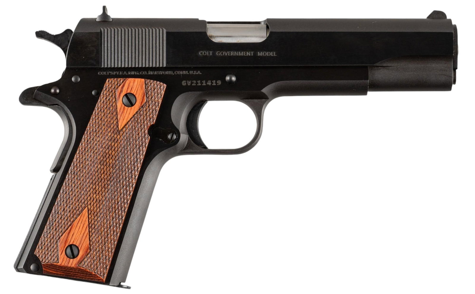 Colt MKIV Series 70 1911 Govt. M1911 45 ACP Pistol: Serial: GV211419 Manufacturer: Colt's PT. F.A. Mfg. Co. Model: 1911 Govt. MKIV Series 70 Caliber: 45 ACP Barrel length: 5 in. OAL: 8.75 in. Condition: Very Good; very light handling marks & li