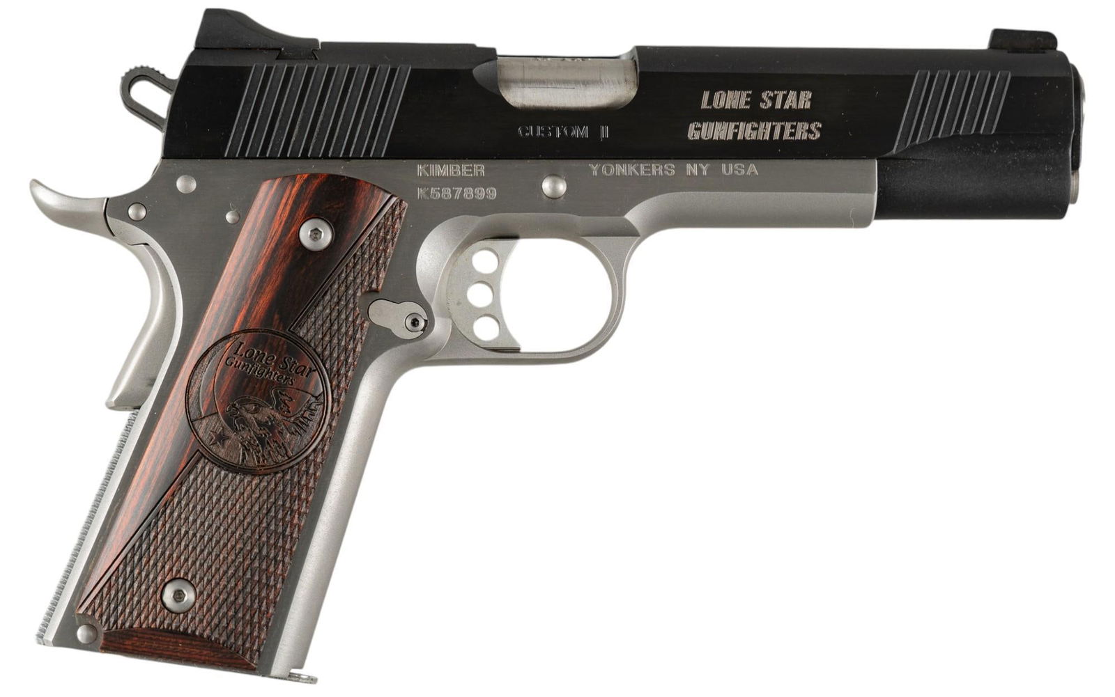 Lone Star Gunfighters Kimber Custom II 1911 45 ACP Pistol: Serial: K587899 Manufacturer: Kimber Model: Custom II 1911 Caliber: 45 ACP Barrel length: 5 in. OAL: 9 in. Condition: Very Good: virtually no surface signs of wear or handling marks, very light wear i