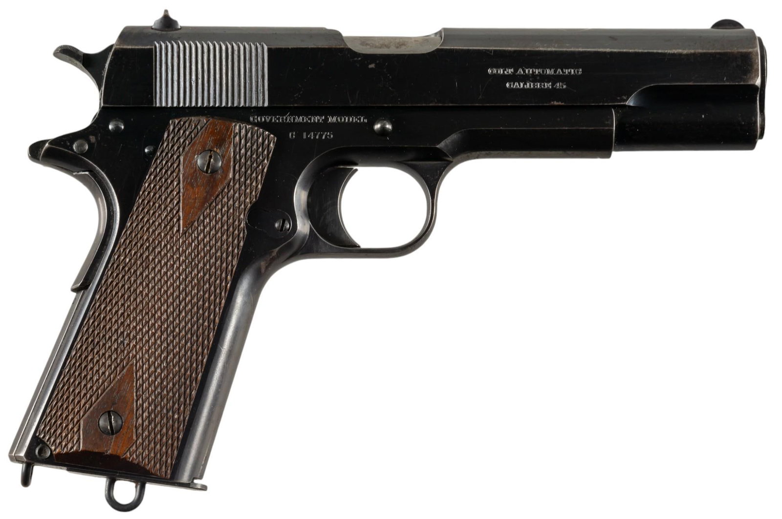 Early Commercial Colt M1911 45 ACP Semi Auto Pistol: Serial: C14775 Manufacturer: Colt's PT. F.A. Mfg. Co. (c. 1914) Model: M1911 Government Model Caliber: 45 ACP Barrel length: 5 in. OAL: 8.5 in. Condition: Very Good; wood grips have light-moderate