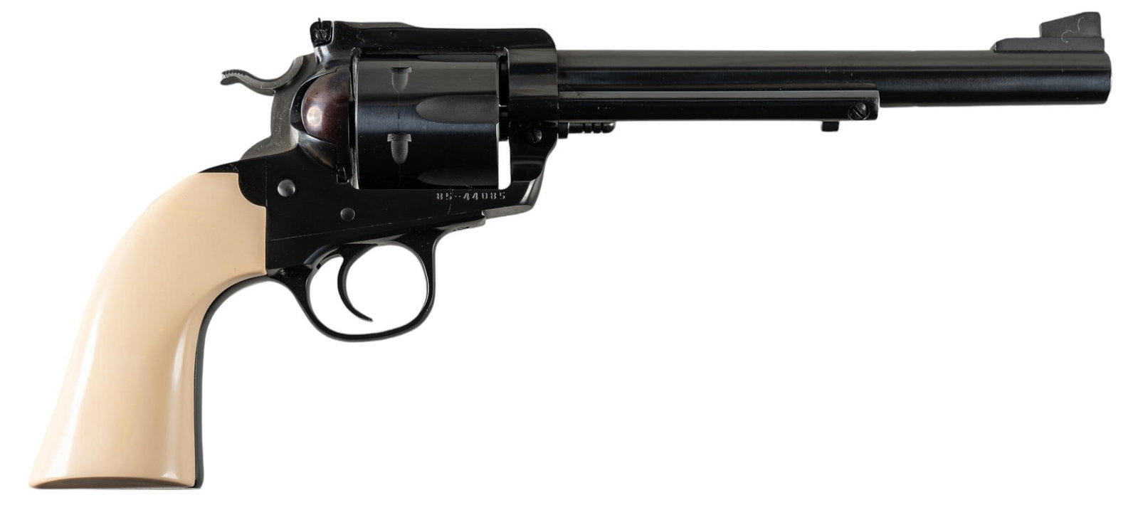 Ruger New Model Super Blackhawk Bisley 44 Mag Revolver: Serial: 85-44085 Manufacturer: Sturm, Ruger & Co. (c. 1985) Model: New Model Super Blackhawk Caliber: 44 MAG Barrel length: 7.5 in. OAL: 12.75 in. Condition: Good: very light handling marks & 