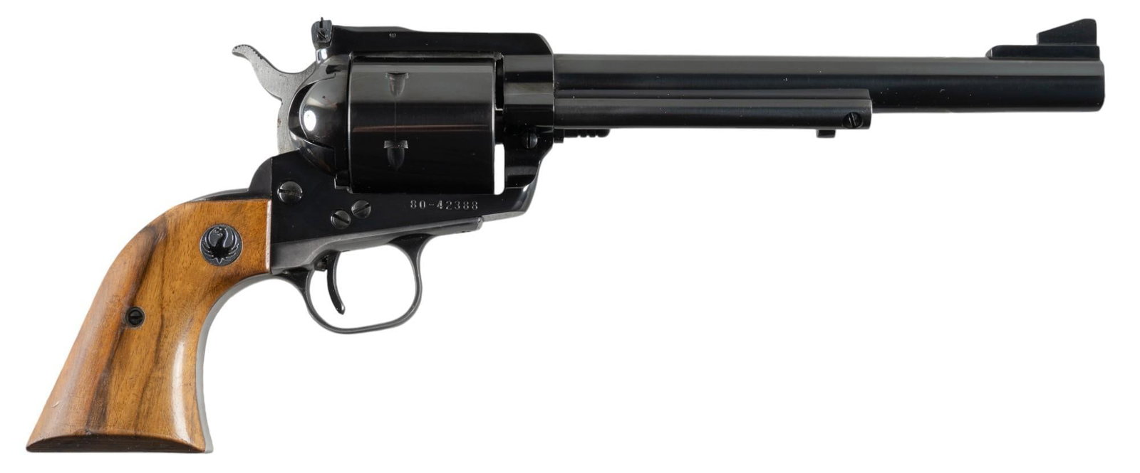 Ruger Super Blackhawk 44 Mag Revolver: Serial: 80-42388 Manufacturer: Sturm, Ruger & Co. (c. 1972) Model: Super Blackhawk Caliber: 44 MAG Barrel length: 7.5 in. OAL: 13 in. Condition: Good; grips have light wear & handling marks in
