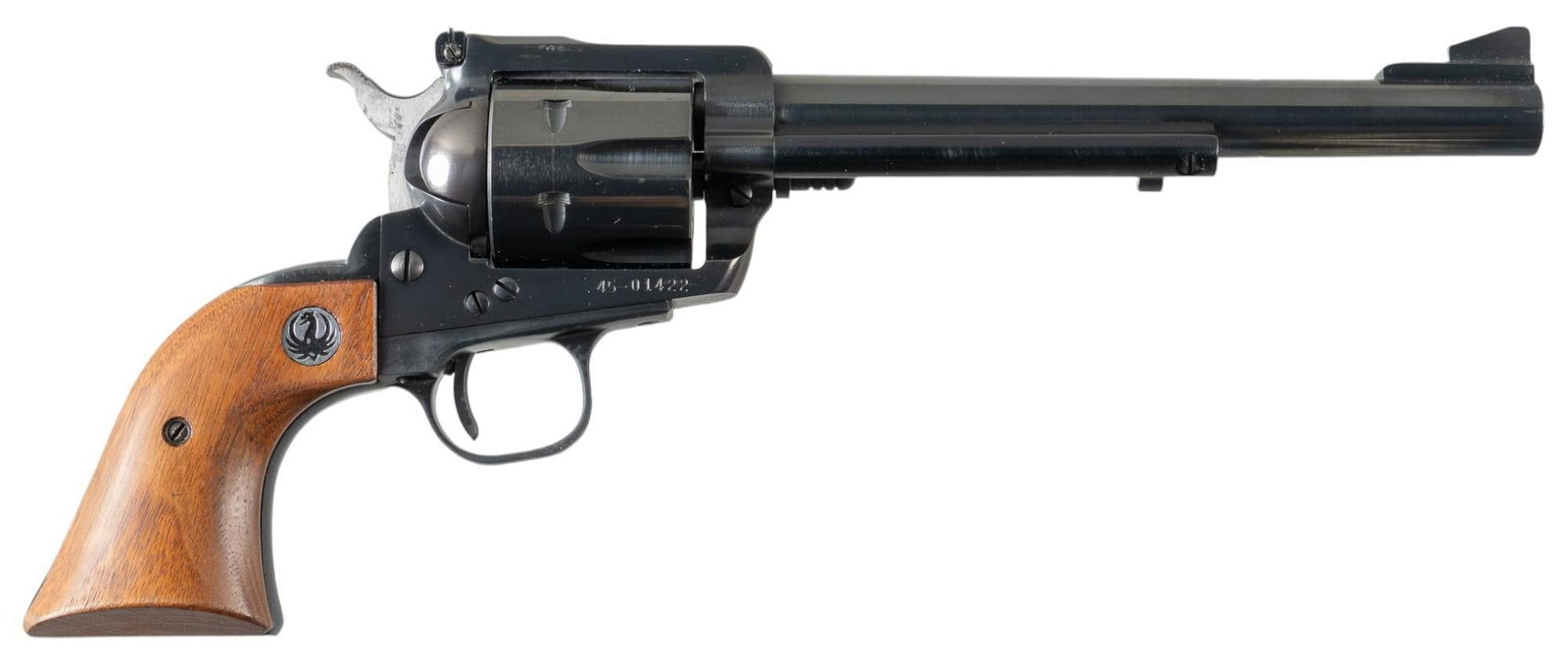 Ruger Blackhawk 45 LC Revolver: Serial: 45-01422 Manufacturer: Sturm, Ruger & Co. (c. 1971) Model: Blackhawk Caliber: 45 LC Barrel length: 7.5 in. OAL: 13 in. Condition: Good; wood grips have very light wear & handling marks
