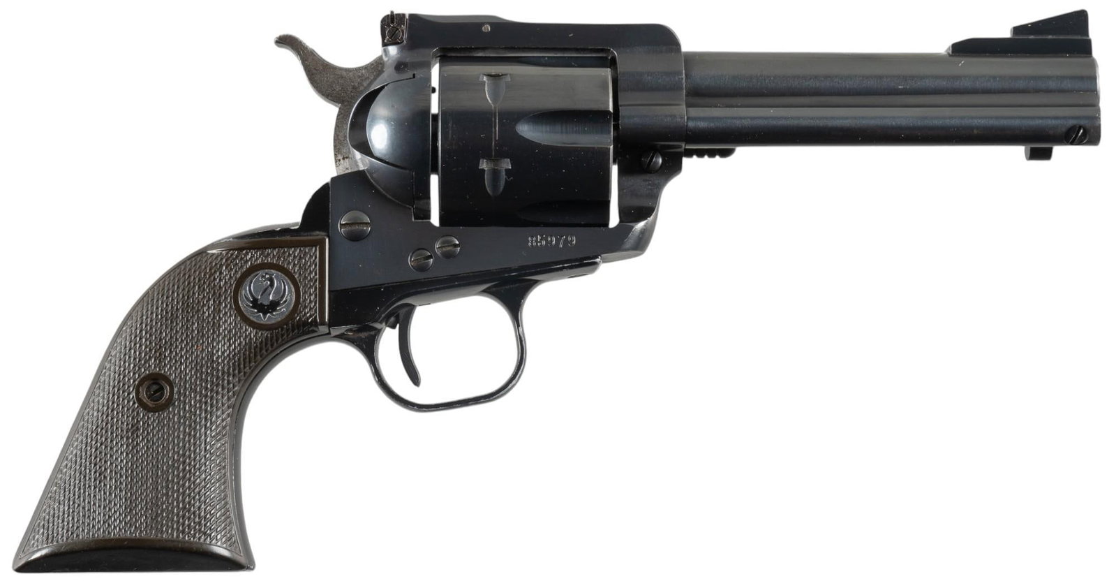 Ruger Blackhawk 357 Mag Revolver: Serial: 85979 Manufacturer: Sturm, Ruger & Co. (c. 1966) Model: Blackhawk Caliber: 357 MAG Barrel length: 4.5 in. OAL: 10 in. Condition: Good; grips have light wear & handling marks; barrel &a