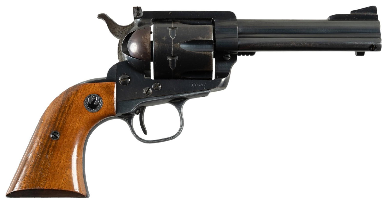 Ruger Blackhawk 357 Mag Revolver: Serial: 17647 Manufacturer: Sturm, Ruger & Co. (c. 1958) Model: Blackhawk Caliber: 357 Mag Barrel length: 4.5 in. OAL: 10 in. Condition: Fair-Good; revolver has seen substantial use; grips have li