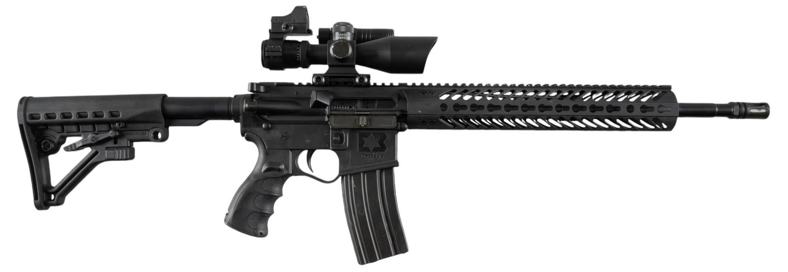 E3 Arms Omega-15 7.62x39 Semi Auto Rifle: Serial: A12962 Manufacturer: E3 Arms Model: Omega-15 Caliber: 7.62x39 Barrel length: 17.5 in. w/ flash hider (1:10 twist ratio) OAL: 32.25-35.5 in. Condition: Good; synthetic stock & lower receive