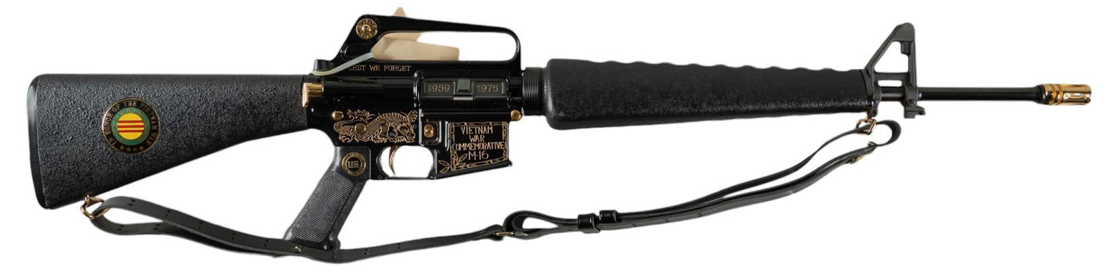 BFI Vietnam War Commemorative M16 Rifle in Presentation Case: Serial: V0123 Manufacturer: BFI / American Historical Foundation Model: M16 Vietnam War Commemorative (# 123 of 1500) Caliber: 223 Rem / 5.56 NATO Barrel length: 21 in. w/ flash hider OAL: 38.75 in. C