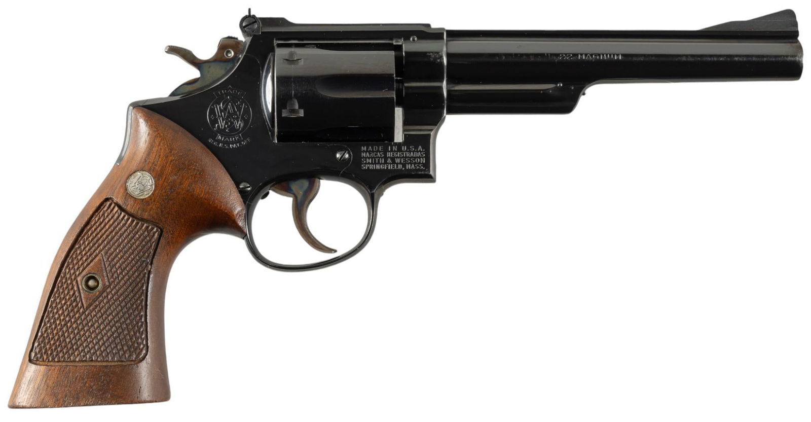 Smith & Wesson Model 53 22 Rem Jet Revolver: Serial: K440355 Manufacturer: Smith & Wesson Model: 53 Caliber: 22 Remington Jet Magnum Barrel length: 6 in. OAL: 11 in. Condition: Very Good; very light wear & handling marks throughout; grip