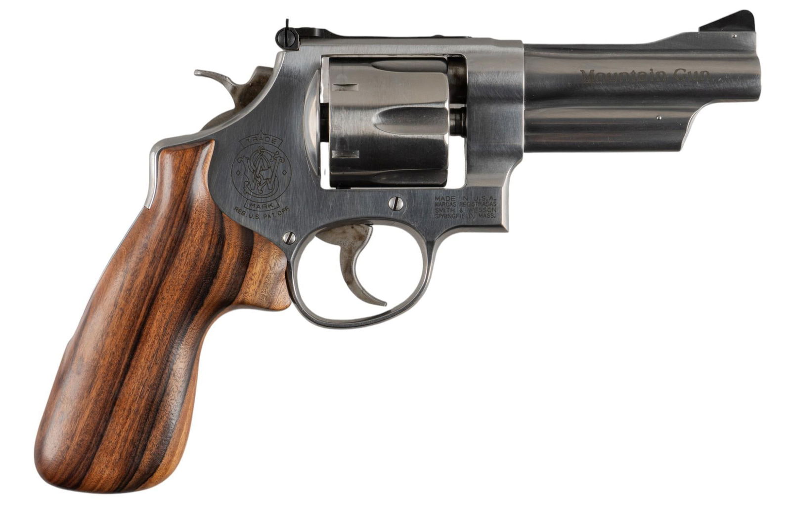 Smith & Wesson Model 625-6 Mountain Gun 45 ACP Revolver: Serial: CEA4421 Manufacturer: Smith & Wesson Model: 625-6 "Mountain Gun" Caliber: 45 ACP Barrel length: 4 in. OAL: 9.5 in. Condition: Good; grips have very light wear & handling marks