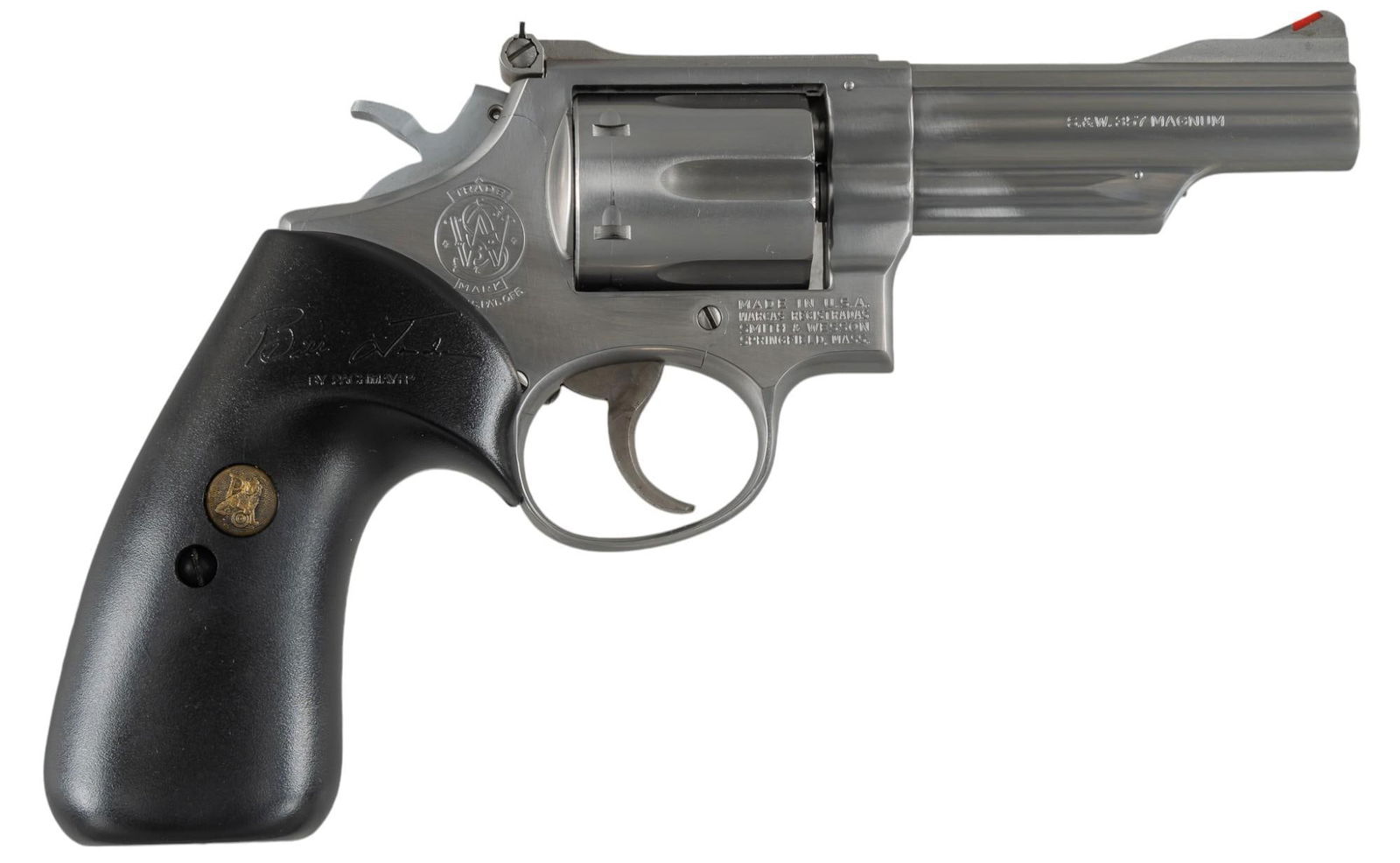 Smith & Wesson Model 66 357 Mag Revolver: Serial: 2K64007 Manufacturer: Smith & Wesson Model: 66 Caliber: 357 MAG Barrel length: 4 in. OAL: 9 in. Condition: Good; grips have very light wear & handling marks; barrel & frame have ve