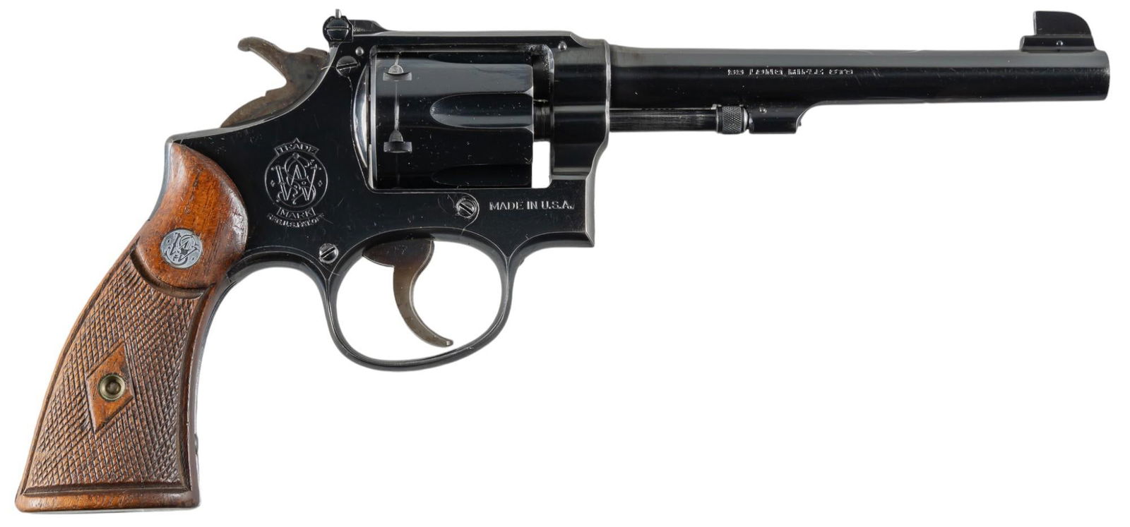 Smith & Wesson K-22 22 LR Revolver: Serial: 690782 Manufacturer: Smith & Wesson Model: K-22 Caliber: 22 LR Barrel length: 6 in. OAL: 11 in. Condition: Good; grips have light wear & handling marks throughout; barrel & frame h