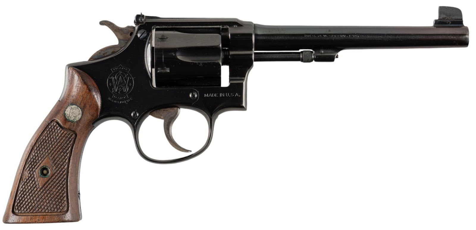 Smith & Wesson Model 1905 4th Change Target 38 SPL Revolver: Serial: 660430 Manufacturer: Smith & Wesson Model: 1905 4th Change Target Model Caliber: 38 Special Barrel length: 6 in. OAL: 11.5 in. Condition: Very Good; wood grips have moderate handling marks