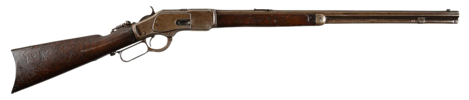 Antique Winchester Model 1873 32 WCF Lever Action Rifle: Serial: 300696 Manufacturer: Winchester Repeating Arms Co. (c. 1889) Model: 1873 Caliber: 32-20 WCF Barrel length: 24 in. OAL: 43.5 in. Condition: Fair; wood stock & forend have significant wear &