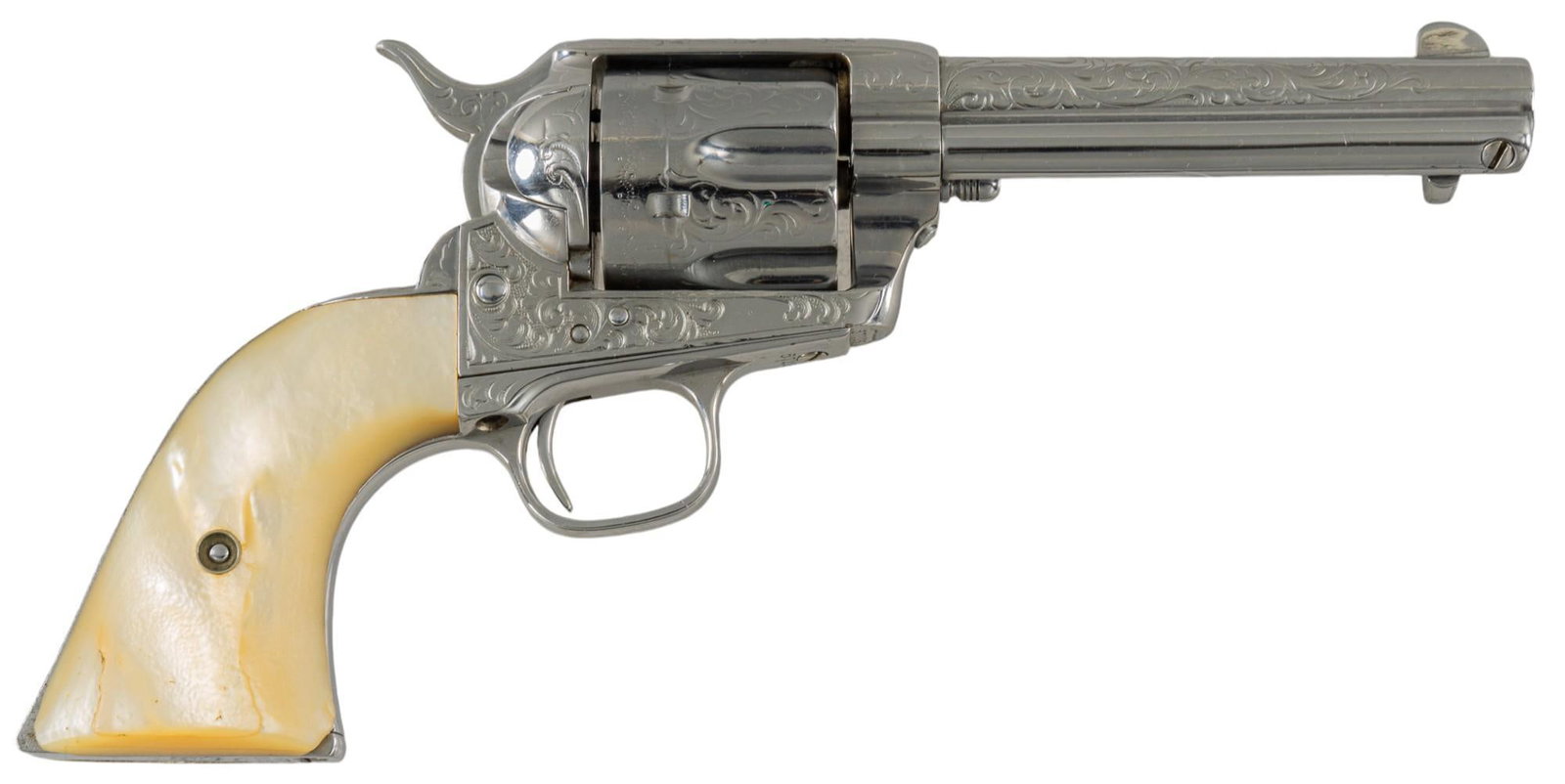 Antique Nickel Engraved Colt Single Action Army 44-40 Revolver: Serial: 67226 Manufacturer: Colt's PT. F.A. Mfg. Co. (c. 1881) Model: Single Action Army Caliber: 44-40 Barrel length: 4.875 in. OAL: 10.5 in. Condition: Good-refinished; Mother of Pearl grips hav