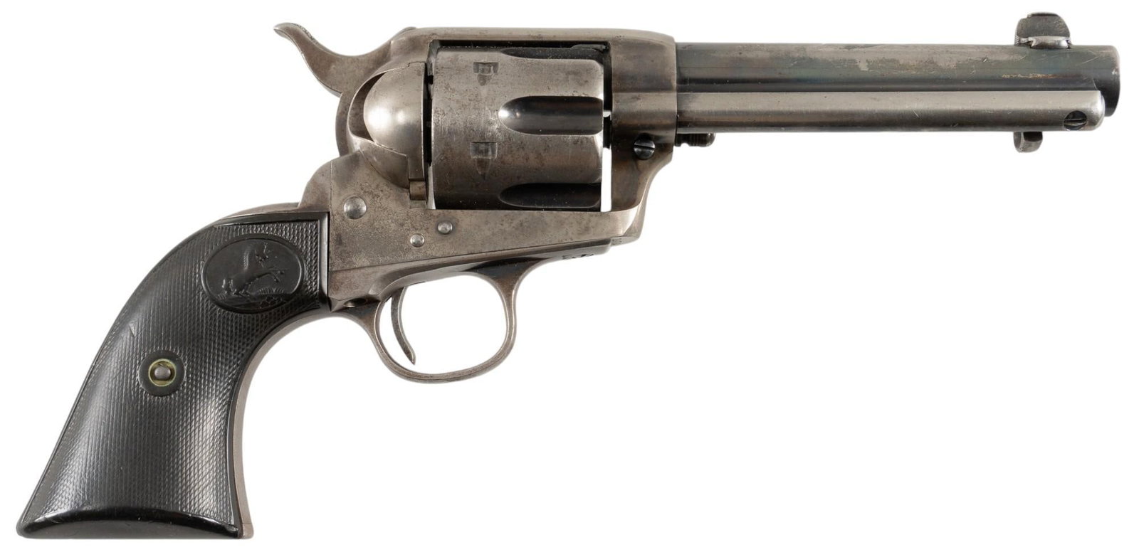 Colt 1873 Single Action Army 45 LC Revolver: Serial: 183782 Manufacturer: Colt's PT. F.A. MFG. Co (c. 1899) Model: 1873 SAA Caliber: 45LC Barrel length: 5 in. OAL: 10.5 in. Condition: Good; grips have worn checkering with light scratches thr