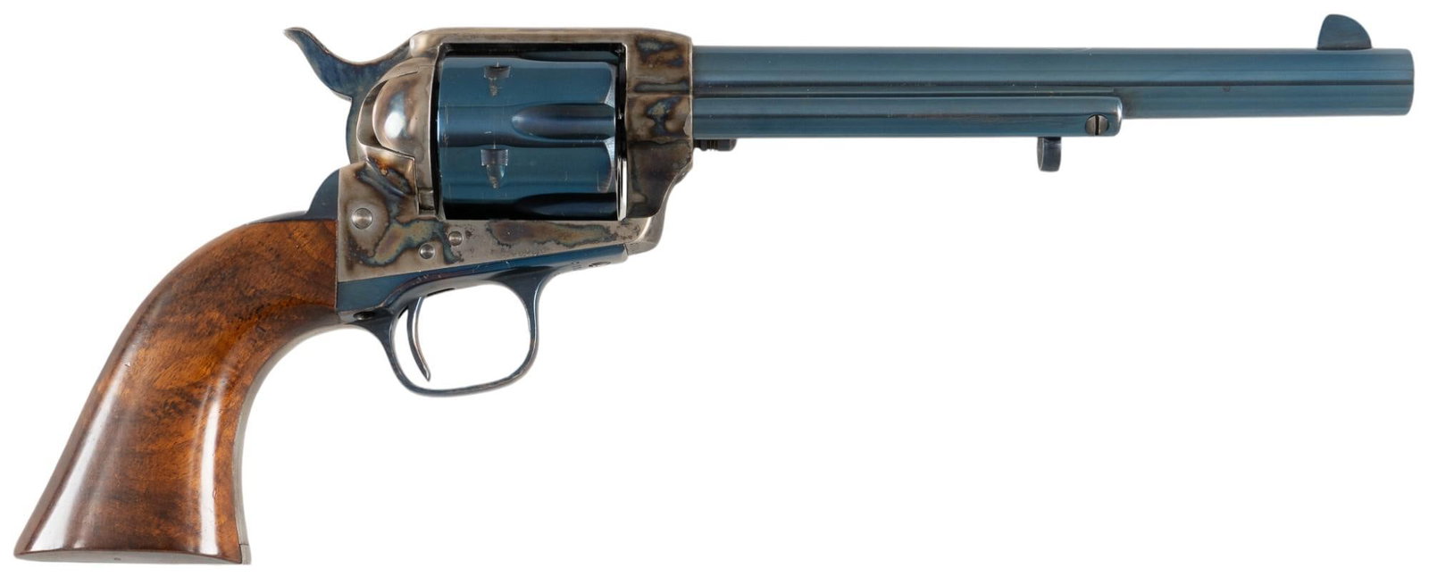 Cimarron Model P 1873 45 LC Revolver: Serial: C00429 Manufacturer: Uberti-Italy / Cimarron F.A. MFG. Co. Model: P 1873 Caliber: 45 LC Barrel length: 7.5 in. OAL: 13 in. Condition: Good; wood grips have light wear & handling marks; bar