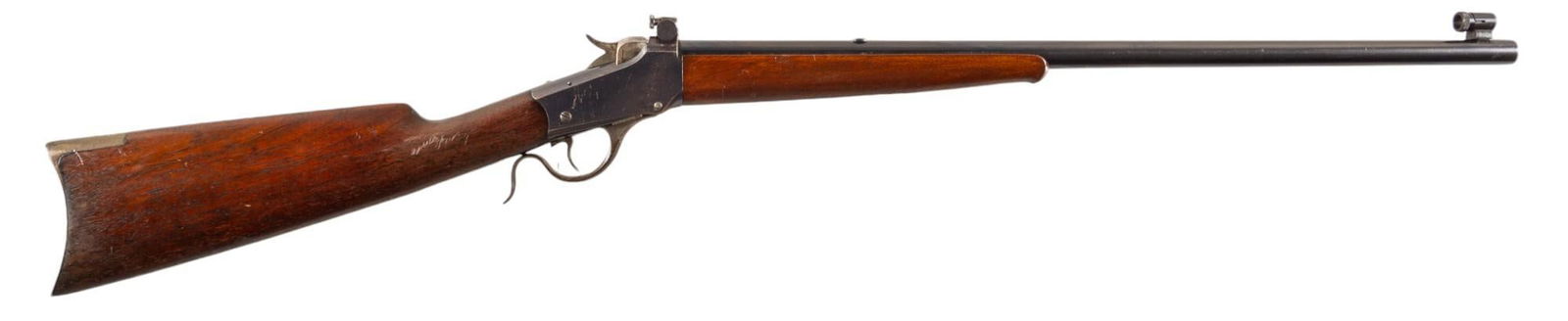 Winchester 1885 22 LR Falling Block Rifle: Serial: 97160 Manufacturer: Winchester Repeating Arms Co. (c. 1904) Model: 1885 Caliber: 22 LR Barrel length: 24 in. OAL: 40.5 in. Condition: Good; stock & forend have light wear & handling ma