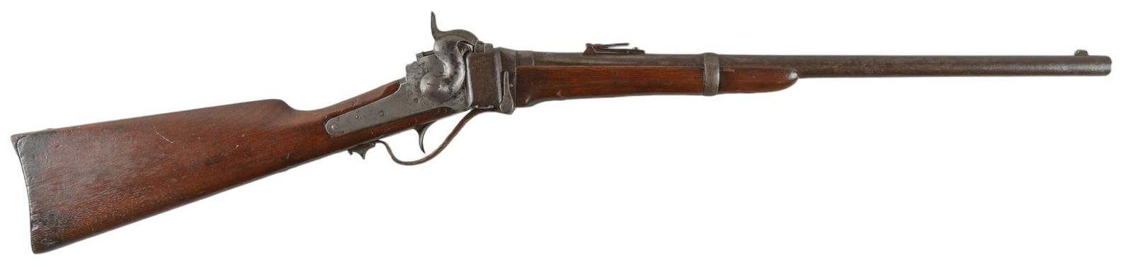 Antique Sharps Model 1863 50-70 Cartridge Conversion Carbine: Serial: 82490 Manufacturer: C. Sharps Model: New Model 1863 Carbine Caliber: 50-70 Cal. Barrel length: 22 in. OAL: 39 in. Condition: Good; wood stock & forend have wear & patina commensurate w