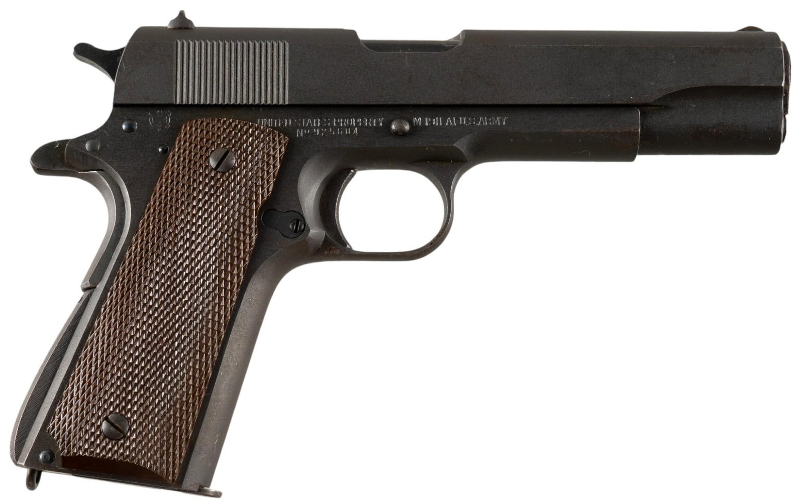 WWII Remington Rand M1911 A1 45 ACP Semi Auto Pistol: Serial: 925604 Manufacturer: Remington Rand Inc. (c. 1943) Model: M1911 A1 US Army Caliber: 45 ACP Barrel length: 5 in. OAL: 8.75 in. Condition: Good; plastic grips have very light handling marks; som
