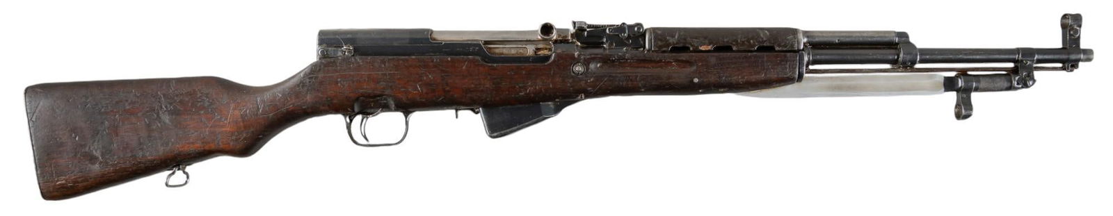 Chinese Factory 26 Type 56 SKS 7.62x39 Rifle: Serial: F4377 Manufacturer: Factory 26-China / IO Inc. Model: Type 56 SKS Caliber: 7.62x39 Barrel length: 20 in. OAL: 40 in. Condition: Good; wood stock has moderate wear w/ dark patina; barrel &