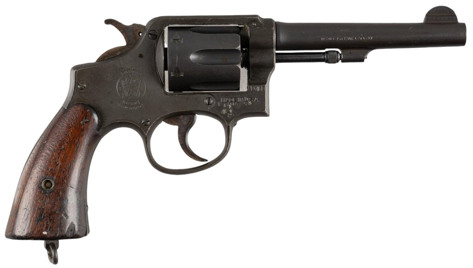 WWII Smith & Wesson Lend-Lease Victory Model 1905 38 S&W Revolver: Serial: V67530 Manufacturer: Smith & Wesson (c. 1942-1945) / Vega-Sacramento, CA Model: Victory Model 1905 (Lend-Lease) Caliber: 38 S&W Barrel length: 5 in. OAL: 10.5 in. Condition: Good; wood