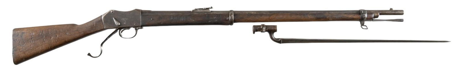 Nepalese Enfield Martini-Henry MK II 577/450 Rifle W/ Bayonet: Serial: NSN Manufacturer: Enfield-England (c. 1872) Model: Martini-Henry MK II Caliber: 577/450 Barrel length: 33 in. OAL: 49.25 in. Condition: Fair; wood stock has wear commensurate w/ age; barrel &a