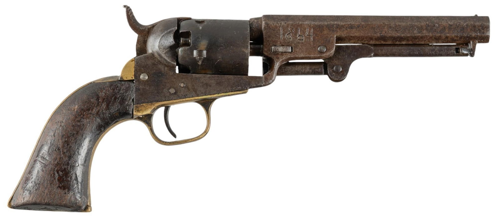 Antique Colt Model 1849 Pocket 31 Cal Revolver: Serial: 85460 Manufacturer: Colt's PT. F.A. Mfg. Co. (c. 1854) Model: 1849 Pocket Caliber: 31 Cal. Barrel length: 5 in. OAL: 10 in. Condition: Fair; wood grips have significant wear & patina w