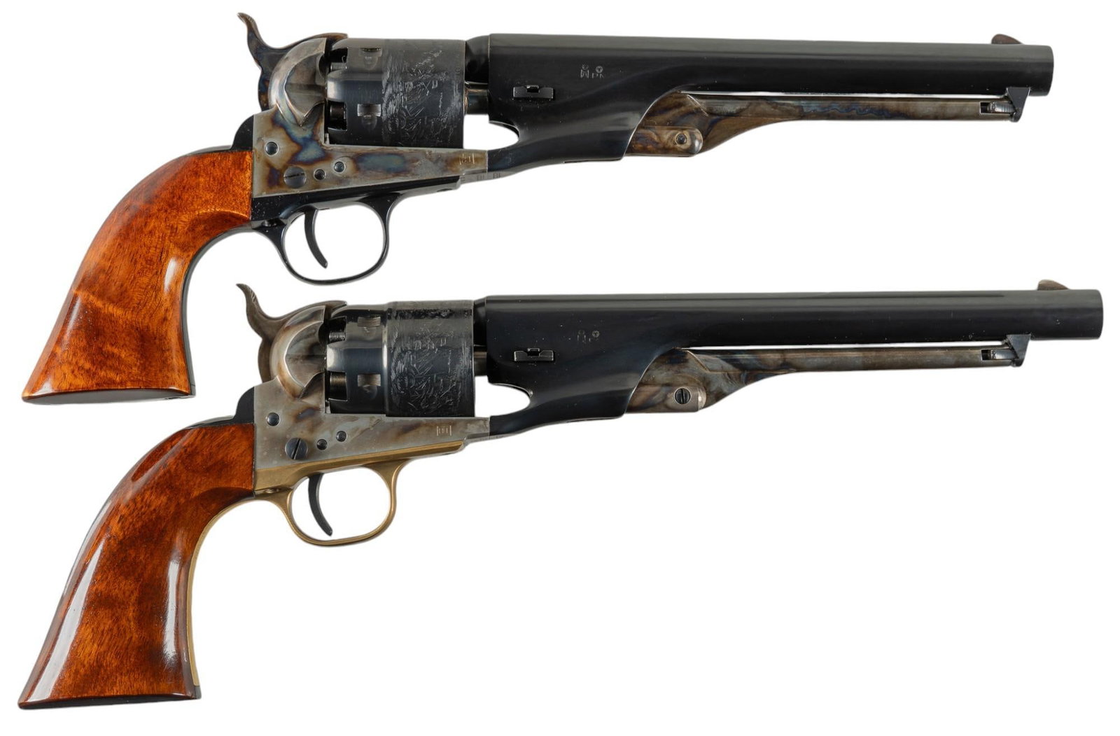 Pair Uberti Model 1860 Army & 1861 Navy Revolvers: Serial: (1) A32882; (2) A33332 Manufacturer: Uberti-Italy Model: (1) 1860 Army; (2) 1861 Navy Caliber: (1) 44 Cal.; (2) 36 Cal. Barrel length: (1) 8 in.; (2) 7.5 in. OAL: (1) 14 in.; (2) 13 in. Condit