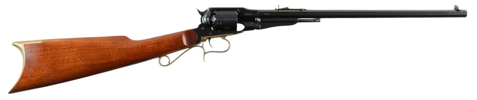 Uberti Model 1858 New Army 44 Cal Target Carbine: Serial: A27326 Manufacturer: Uberti-Italy Model: 1858 New Army Target Carbine Caliber: 44 Cal. Barrel length: 18 in. OAL: 35.5 in. Condition: Very Good; wood stock has very light handling marks; barre