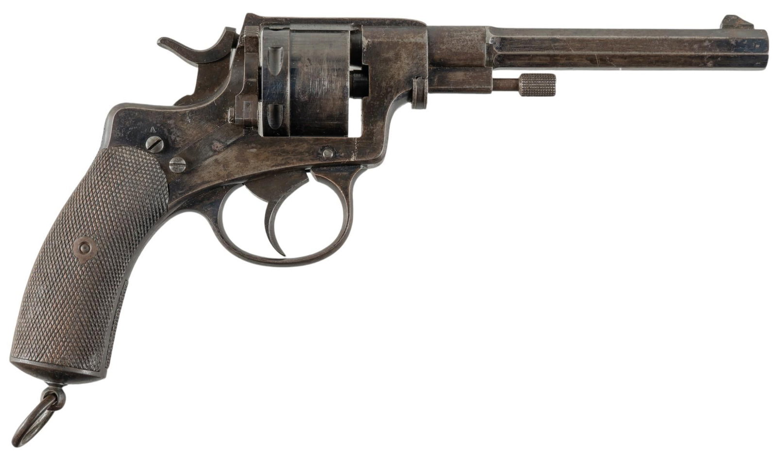 Antique Belgian Brevet M1887 Nagant Revolver: Serial: 184 Manufacturer: Brevet-Belgium Model: M1887 Nagant Caliber: unknown 9mm Barrel length: 6.25 in. OAL: 11.25 in. Condition: Fair; wood grips have moderate wear & patina; barrel, frame &