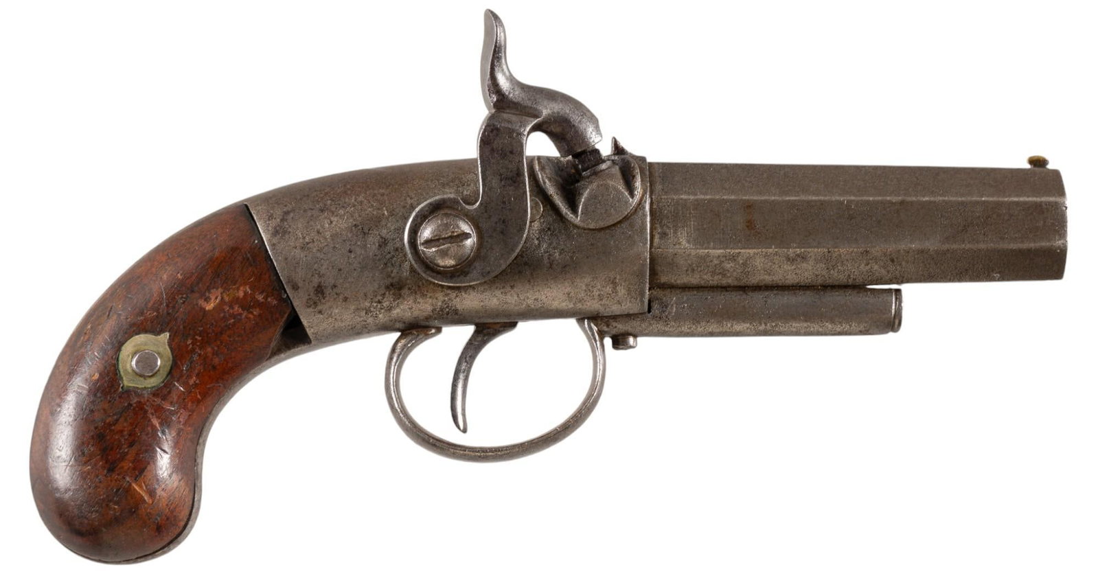 Blunt & Syms 44 Cal Pocket Pistol: Serial: NSN Manufacturer: Blunt & Syms Model: Pocket Pistol Caliber: 44 Cal. Barrel length: 3 in. OAL: 7 in. Condition: Fair-Good; wood grips have wear commensurate w/ age; barrel & frame have