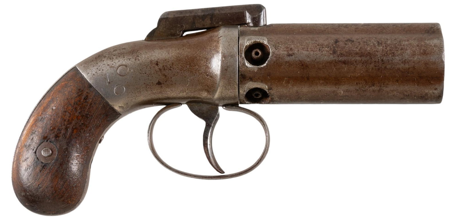 Antique Allen & Wheelock 32 Cal Pepperbox Pistol: Serial: 103 Manufacturer: Allen & Wheelock Model: Pepperbox Caliber: 32 Cal. Barrel length: 2.5 in. OAL: 6 in. Condition: Fair; wood grips have wear & patina commensurate w/ age; barrels &