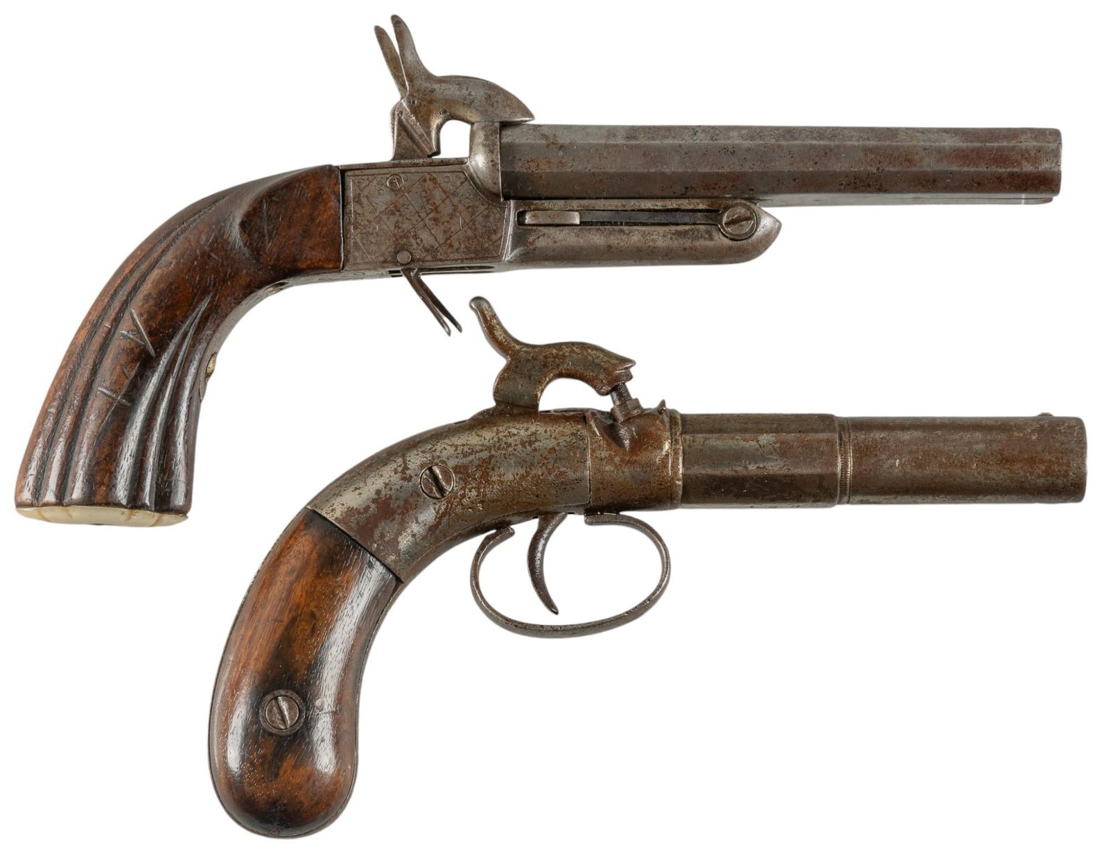 Antique Allen & Wheelock Boot Pistol & Belgian Pinfire Pistol: Serial: (1) 183; (2) NSN Manufacturer: (1) Allen & Wheelock; (2) Belgium Model: (1) Boot Pistol; (2) SXS Pinfire Pistol Caliber: (1) approx. 32 Cal.; (2) approx. 44 Cal. Barrel length: (1) 3.5 in.