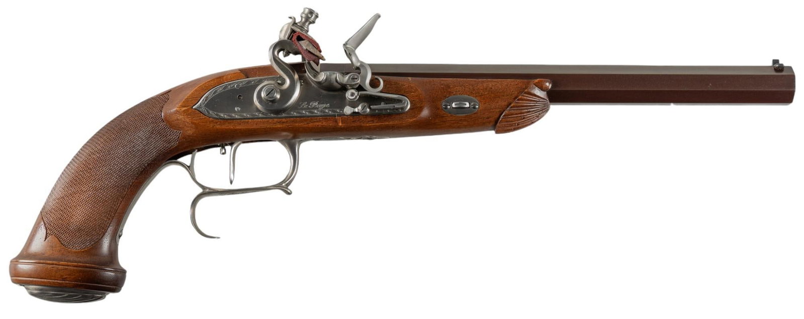 Pedersoli Le Page 44 Cal Target Flintlock Pistol: Serial: F05244 Manufacturer: Pedersoli-Italy Model: Le Page Target Caliber: 44 Cal. Barrel length: 10.5 in. OAL: 17.5 in. Condition: Very Good; wood stock has very few signs of handling; barrel has ve