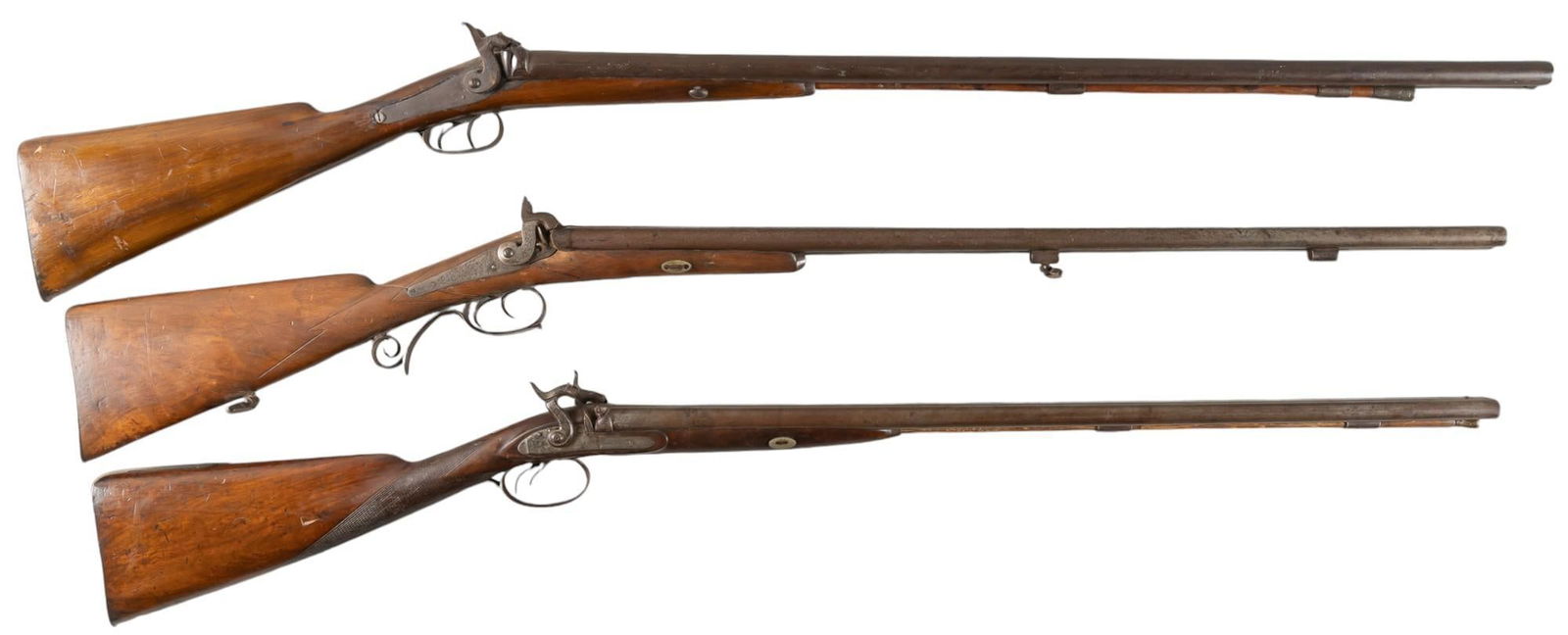 Lot of 3 Antique Percussion Side by Side Shotguns: Manufacturer: (1) Belgium; (2) Thomas Bissell-London; (3) Germany-C.L. Schindler Sohn in Zella Bei Gotha Model: SxS Percussion Caliber: (1) Approx. 12GA ; (2&3) Approx. 20GA Barrel length: (1) 34